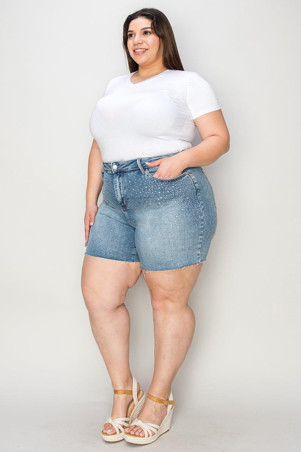 Judy Blue Full Size High Waist Rhinestone Decor Denim Shorts - Too Dimes Boutique