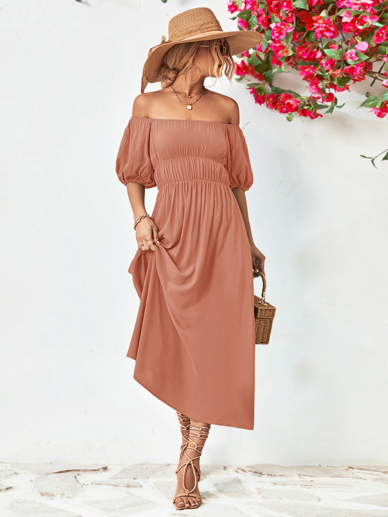 Off - Shoulder Balloon Sleeve Midi Dress - Too Dimes Boutique