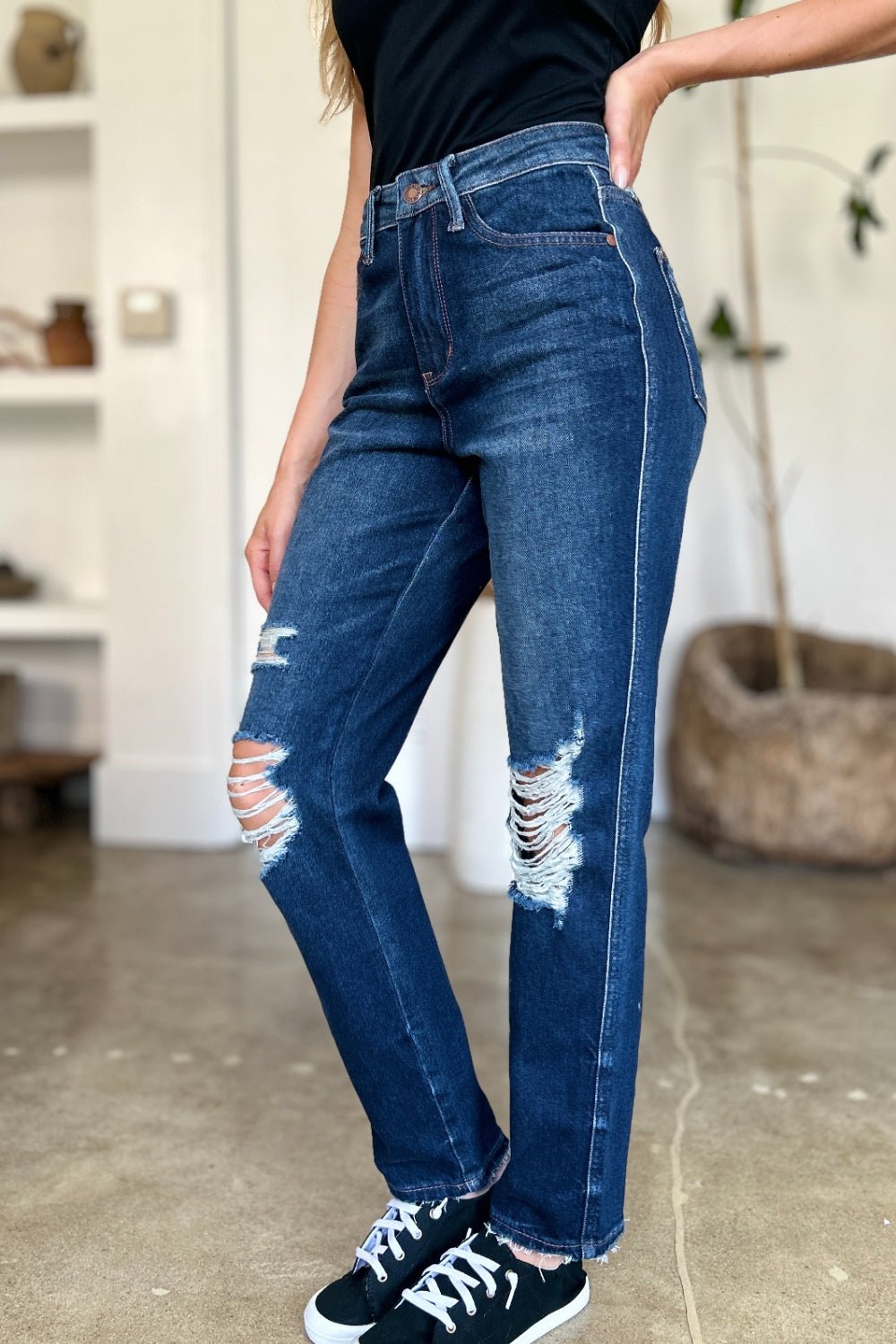 Judy Blue Full Size High Waist Rigid Magic Heavy Destroy Straight Jeans - Too Dimes Boutique
