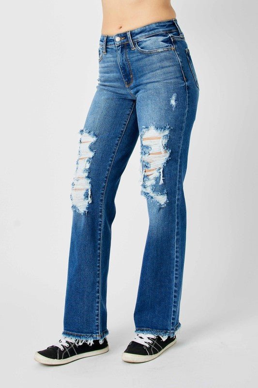 Judy Blue Full Size Mid Rise Distressed Raw Hem Jeans - Too Dimes Boutique