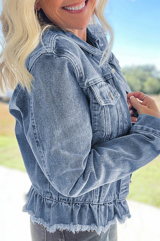 Beau Blue Ruffle Raw Hem Flap Pockets Denim Jacket - Too Dimes Boutique