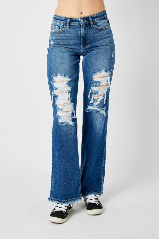 Judy Blue Full Size Mid Rise Distressed Raw Hem Jeans - Too Dimes Boutique