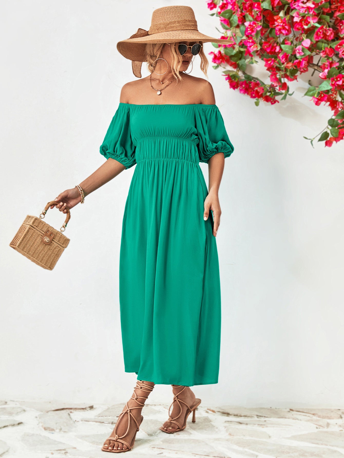 Off - Shoulder Balloon Sleeve Midi Dress - Too Dimes Boutique