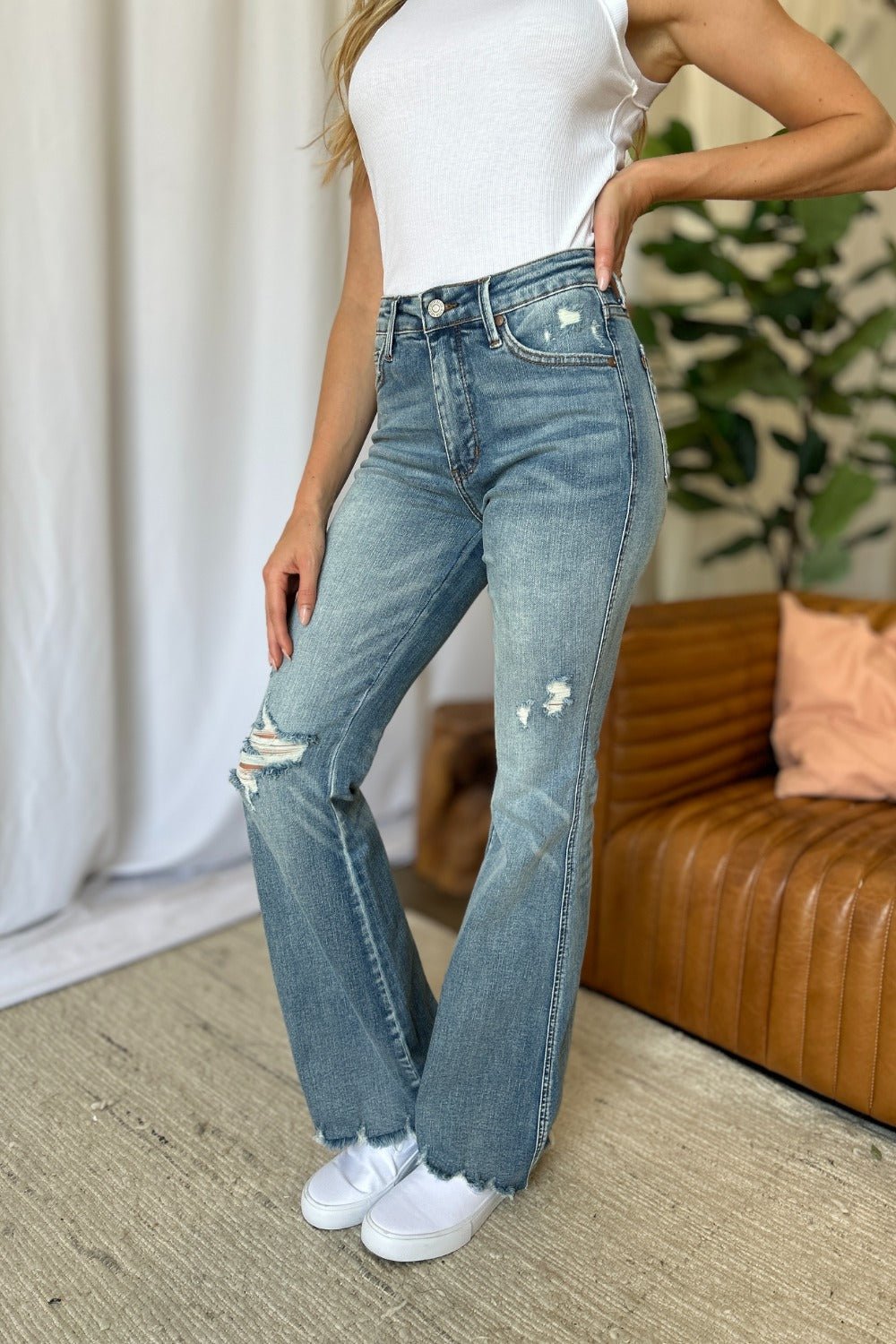 Judy Blue Full Size Medium Rise Tummy Control Destroy Flare - Too Dimes Boutique