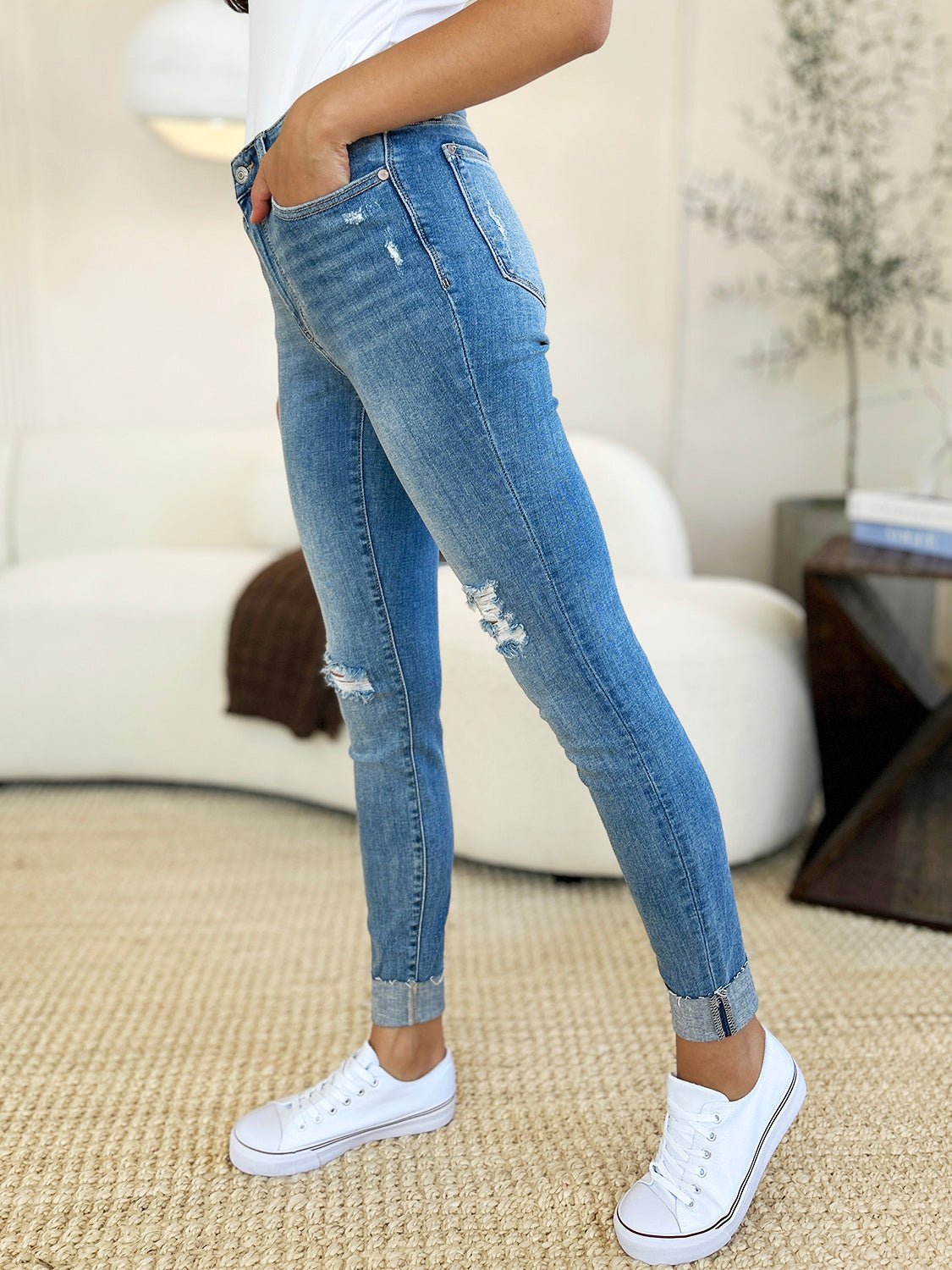 Judy Blue Full Size Mid Rise Destroy & Cuff Skinny Jeans - Too Dimes Boutique