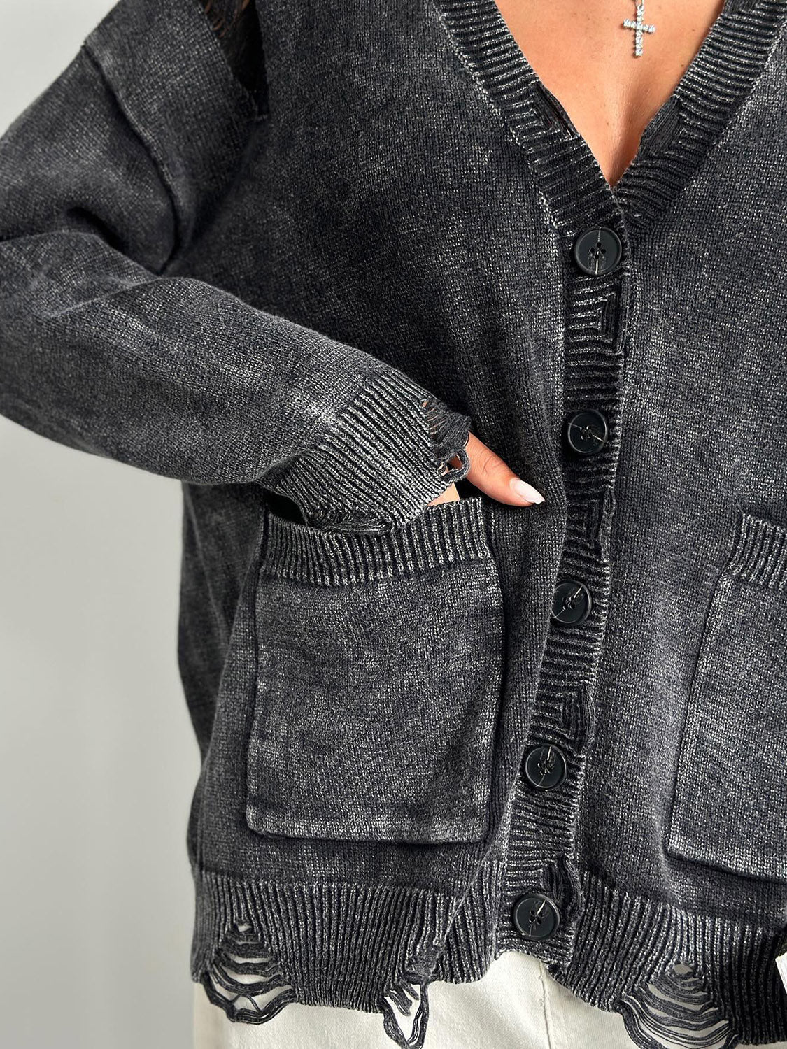 Distressed Button Down Long Sleeve Cardigan - Too Dimes Boutique