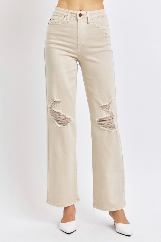 Judy Blue Full Size High Waist Distressed Wide Leg Jeans - Too Dimes Boutique
