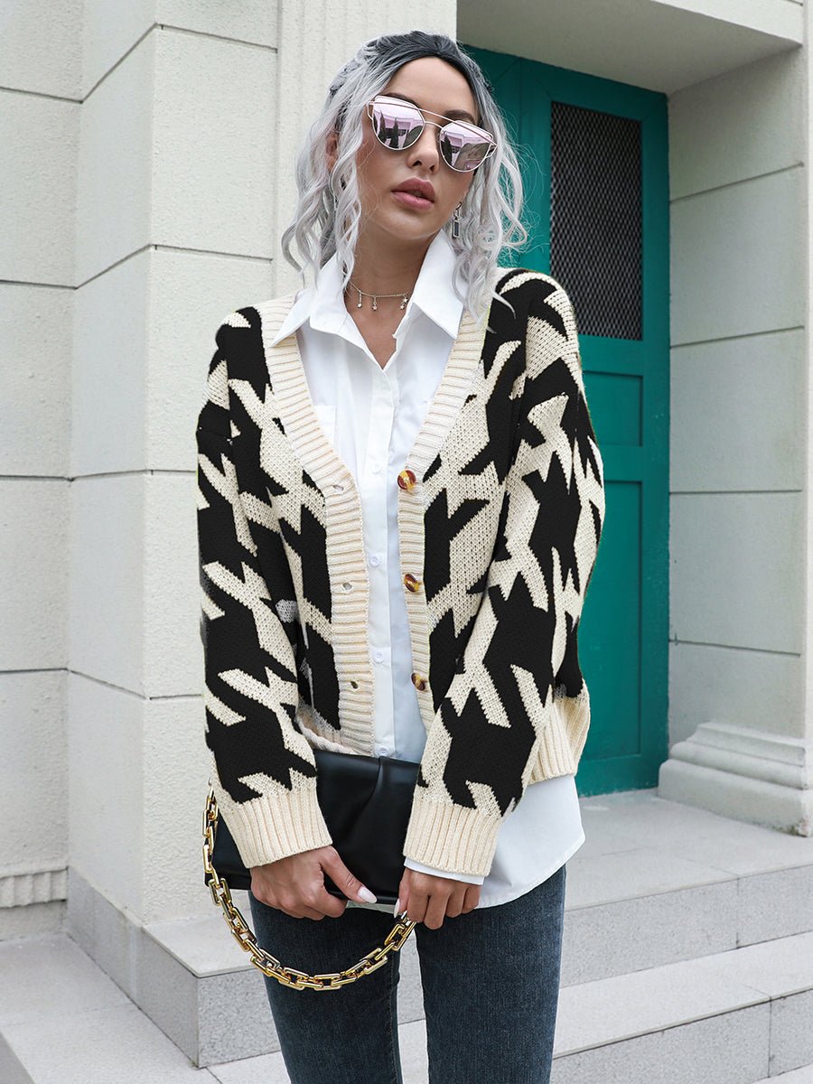 Houndstooth Button Down Cardigan - Too Dimes Boutique