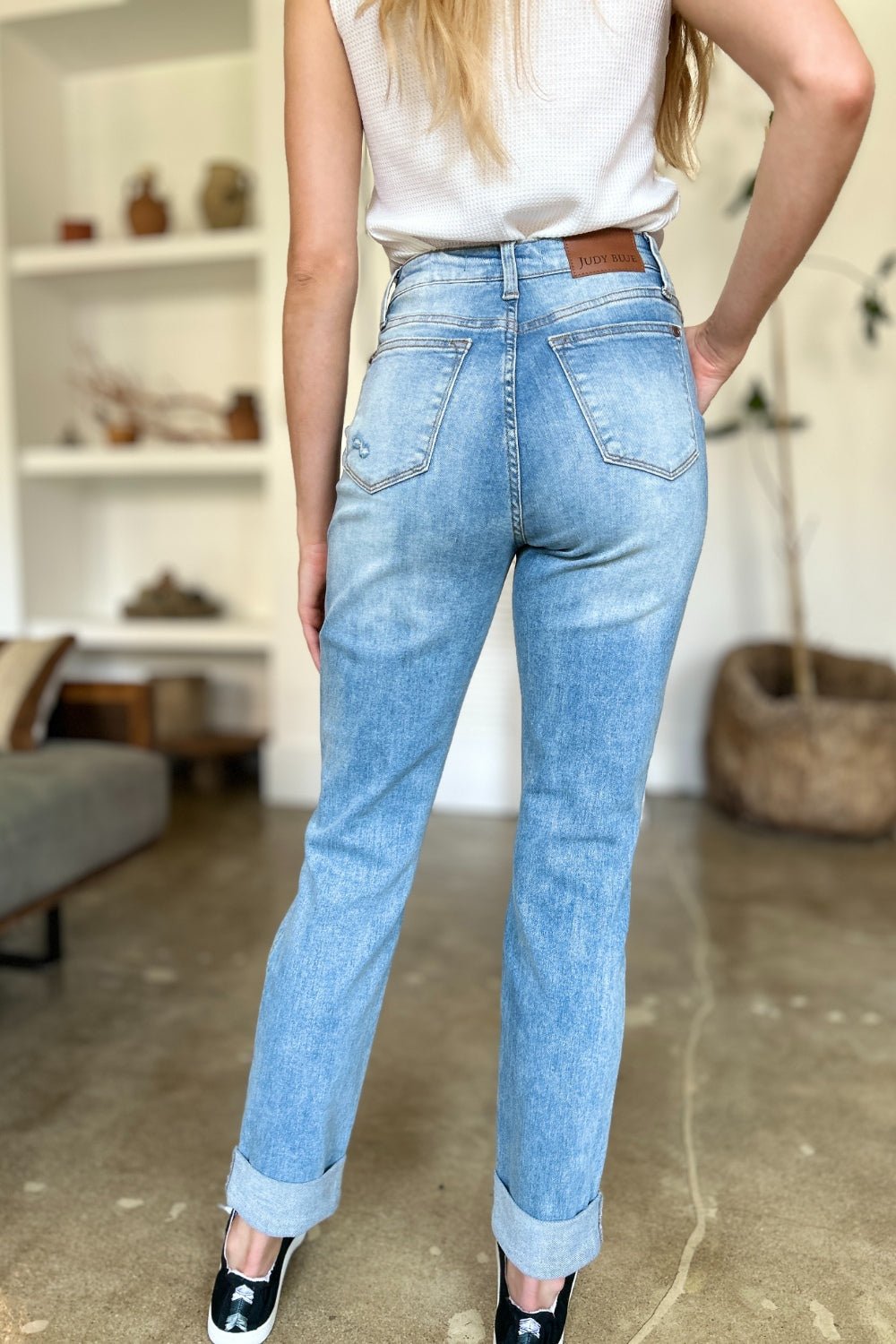 Judy Blue Full Size Distressed Straight Jeans with Patch Pockets - Too Dimes Boutique
