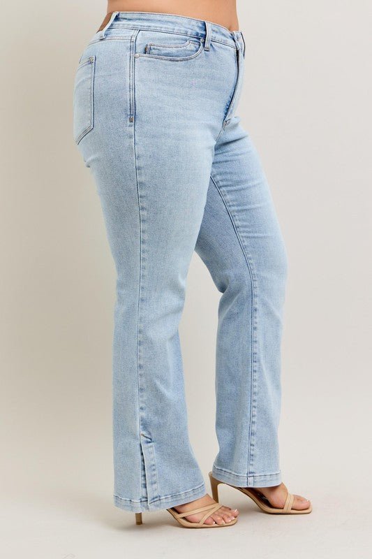 Judy Blue Full Size Tummy Control Vintage Wash Side Slit Slim Boot Jeans Plus Size - Too Dimes Boutique
