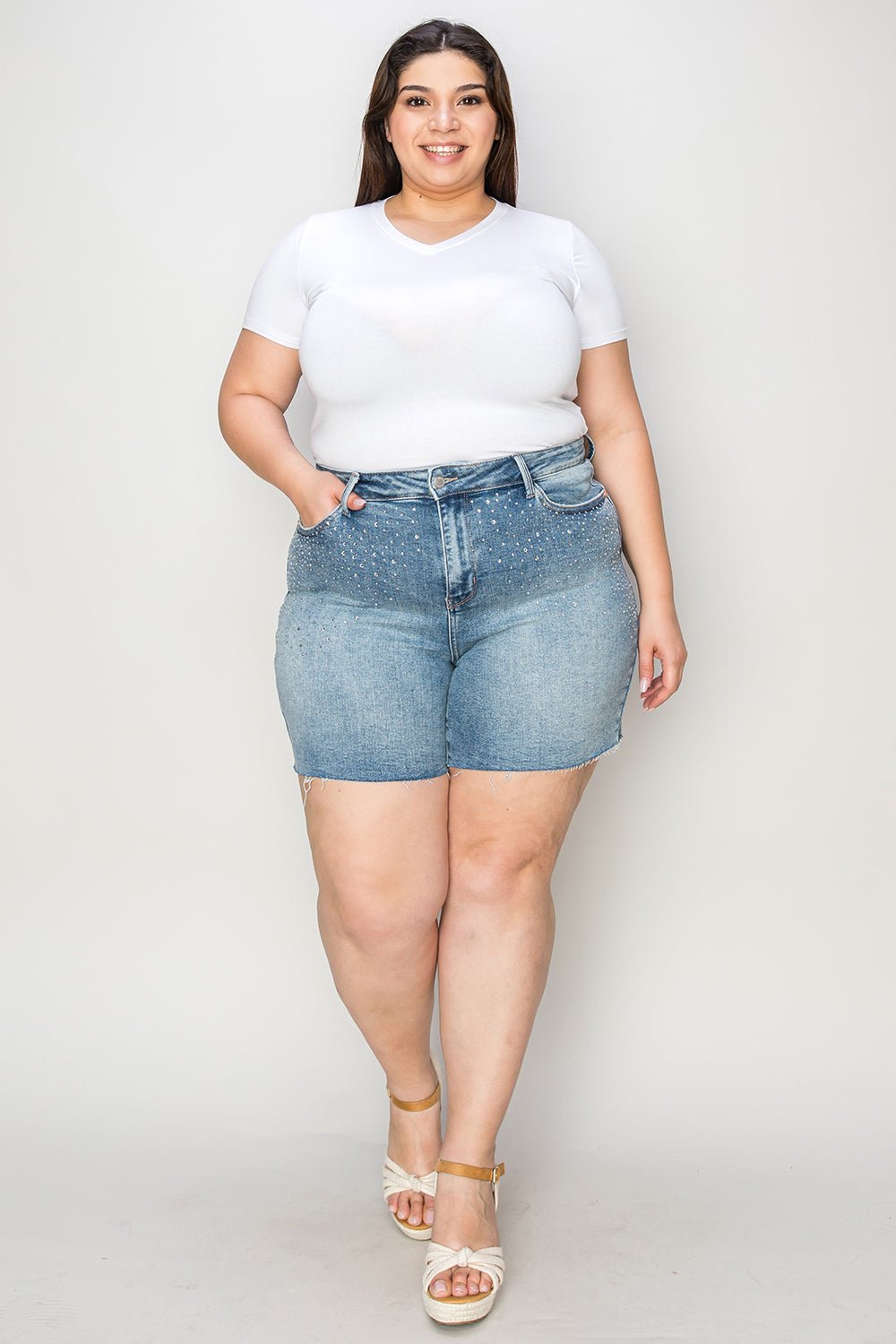Judy Blue Full Size High Waist Rhinestone Decor Denim Shorts - Too Dimes Boutique