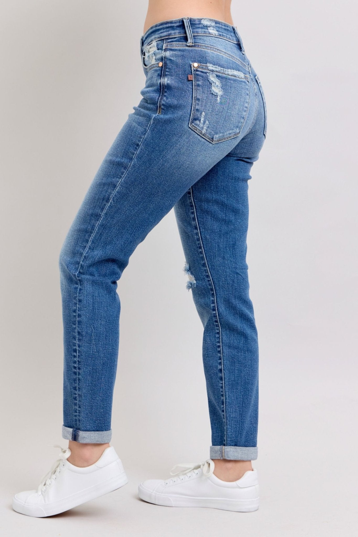 Judy Blue Full Size Button Fly Distressed Jeans with Pockets Plus Size - Too Dimes Boutique