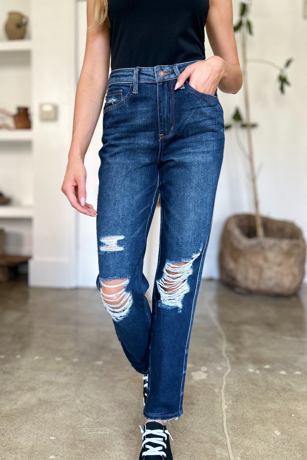 Judy Blue Full Size High Waist Rigid Magic Heavy Destroy Straight Jeans - Too Dimes Boutique
