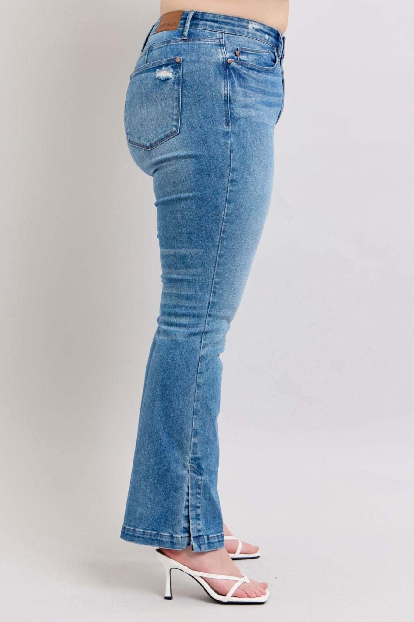 Judy Blue HW Tummy Control Vintage Wash Side Slit Slim Boot Jeans - Too Dimes Boutique