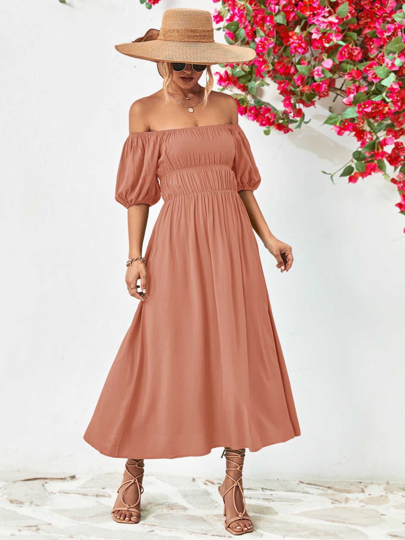 Off - Shoulder Balloon Sleeve Midi Dress - Too Dimes Boutique