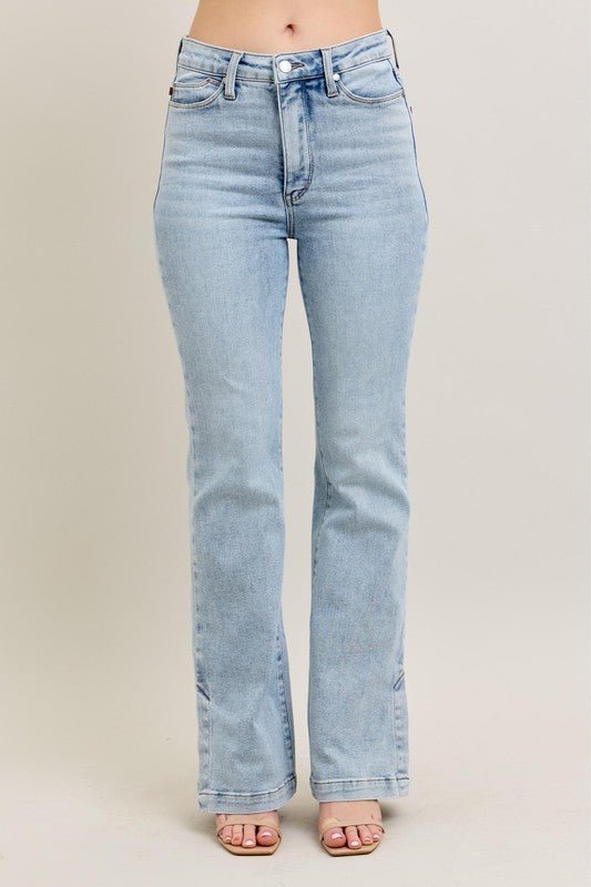 Judy Blue Full Size Tummy Control Vintage Wash Side Slit Slim Boot Jeans Plus Size - Too Dimes Boutique