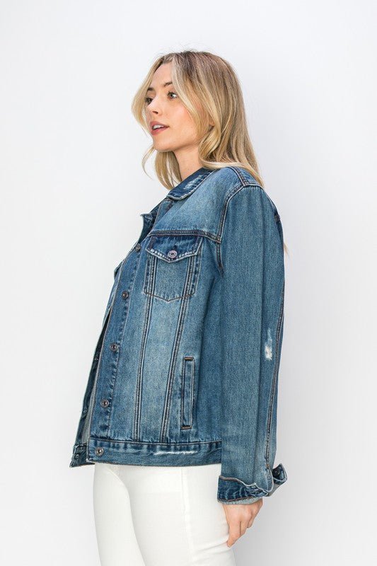 RISEN Full Size Distressed Button Up Jacket - Too Dimes Boutique