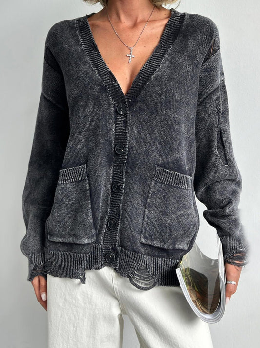 Distressed Button Down Long Sleeve Cardigan - Too Dimes Boutique