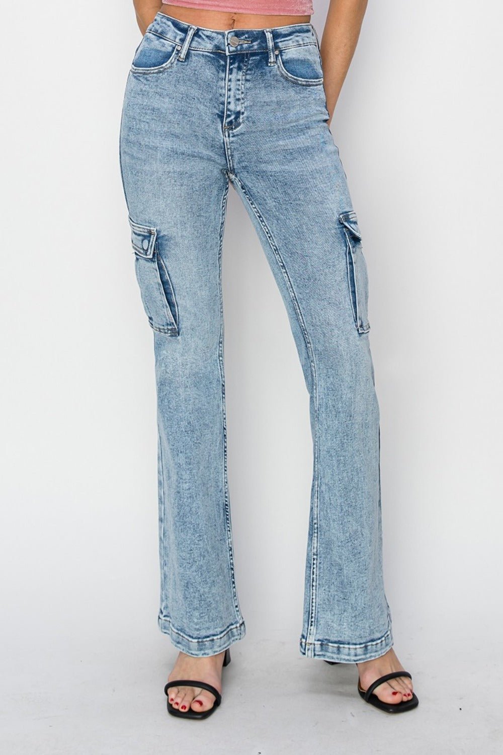RISEN Full Size High Rise Cargo Flare Jeans - Too Dimes Boutique