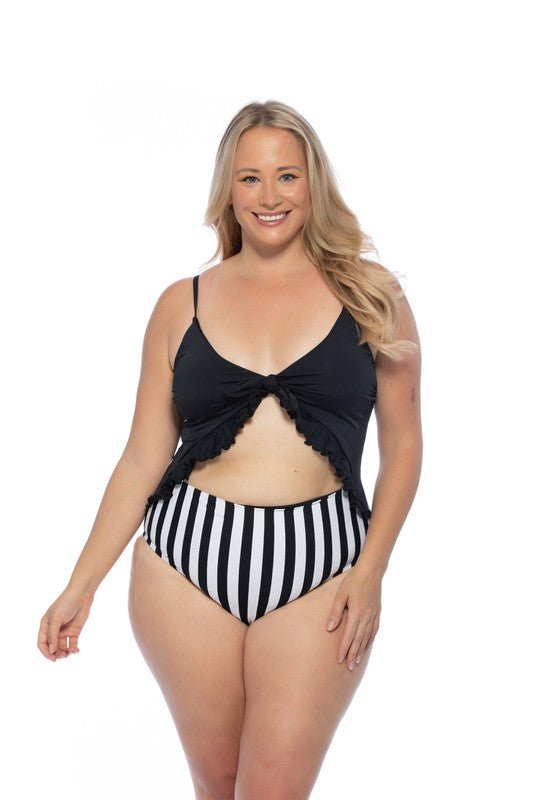 BLACK AND STRIPED CUTOUT ONE PIECE SWIMSUIT - Too Dimes Boutique