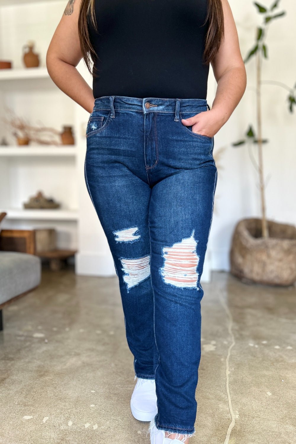 Judy Blue Full Size High Waist Rigid Magic Heavy Destroy Straight Jeans - Too Dimes Boutique