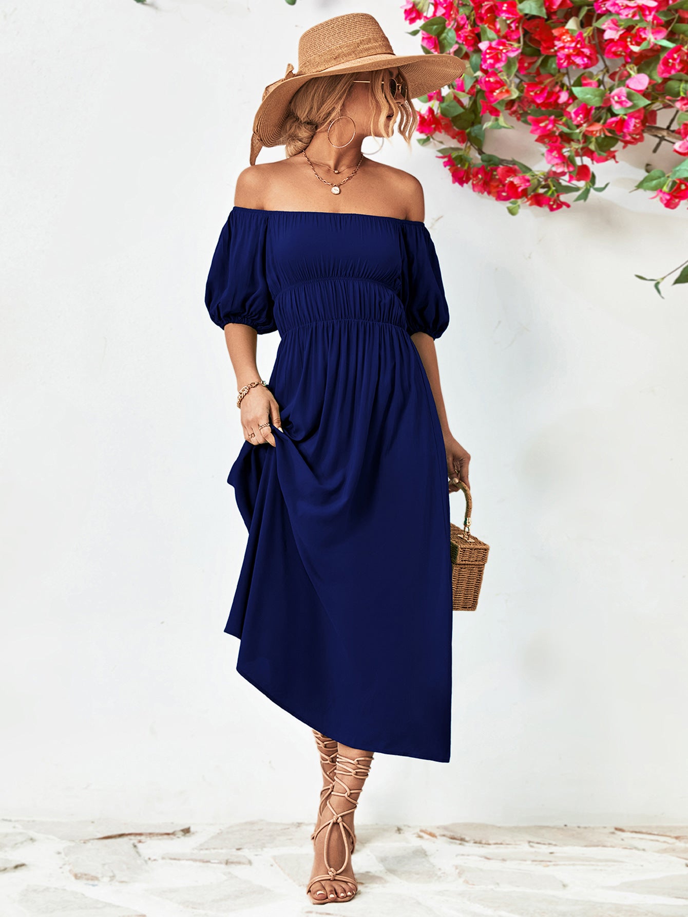 Off - Shoulder Balloon Sleeve Midi Dress - Too Dimes Boutique