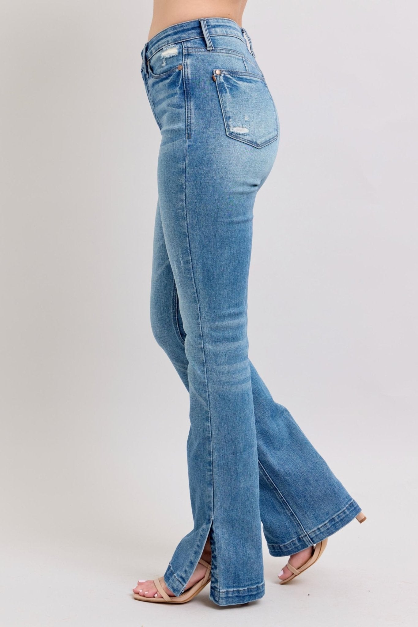 Judy Blue HW Tummy Control Vintage Wash Side Slit Slim Boot Jeans - Too Dimes Boutique
