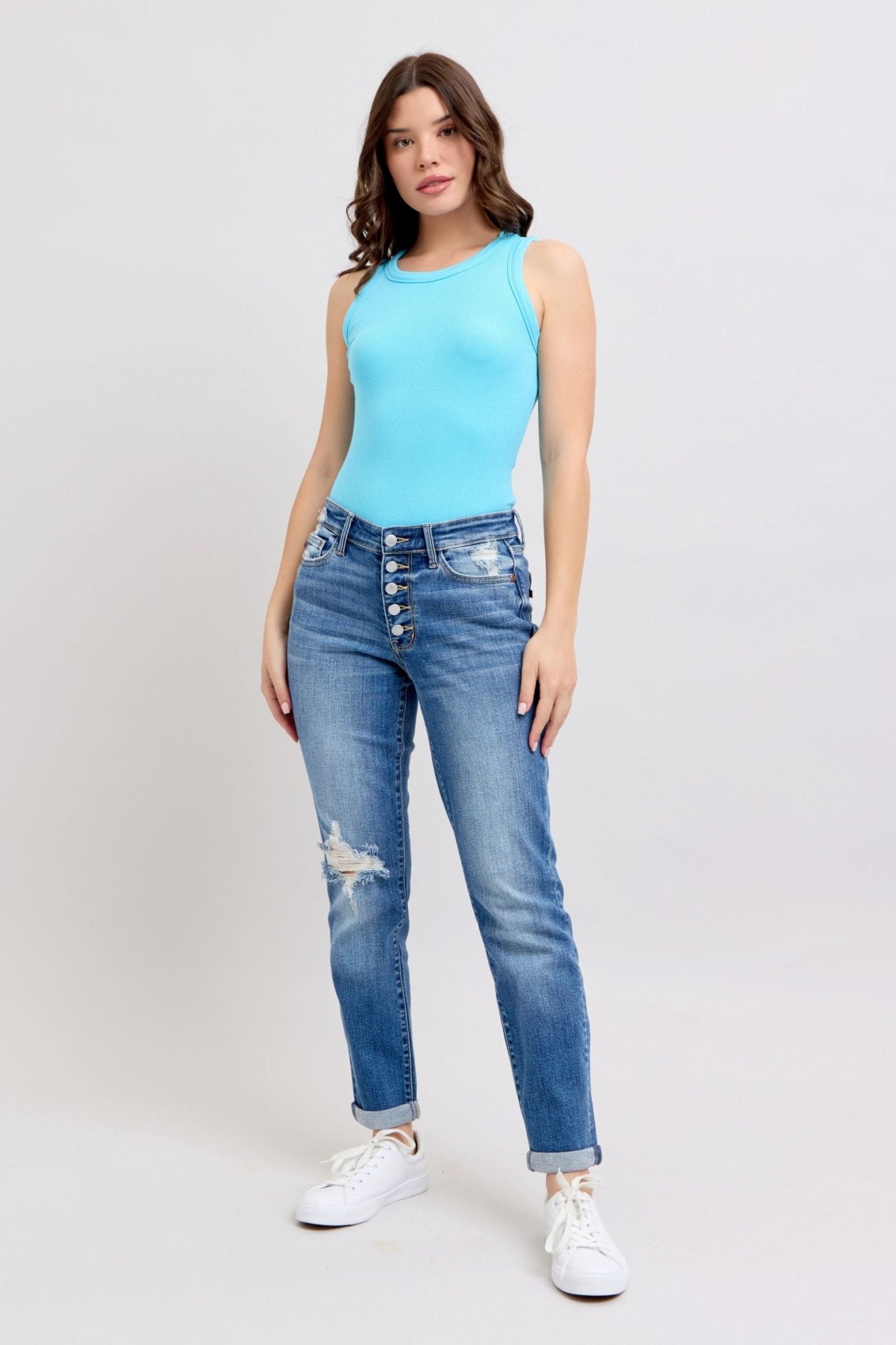 Judy Blue Full Size Button Fly Distressed Jeans with Pockets Plus Size - Too Dimes Boutique