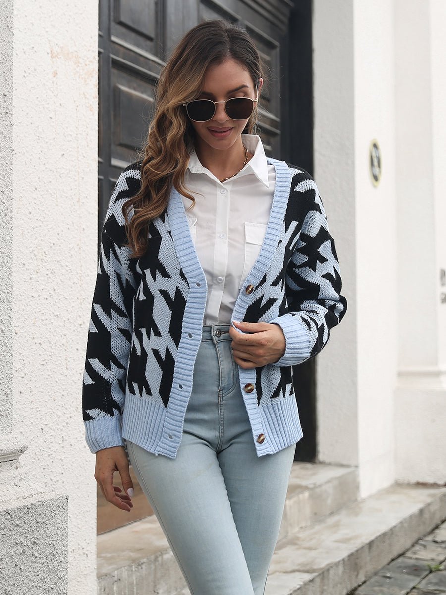 Houndstooth Button Down Cardigan - Too Dimes Boutique