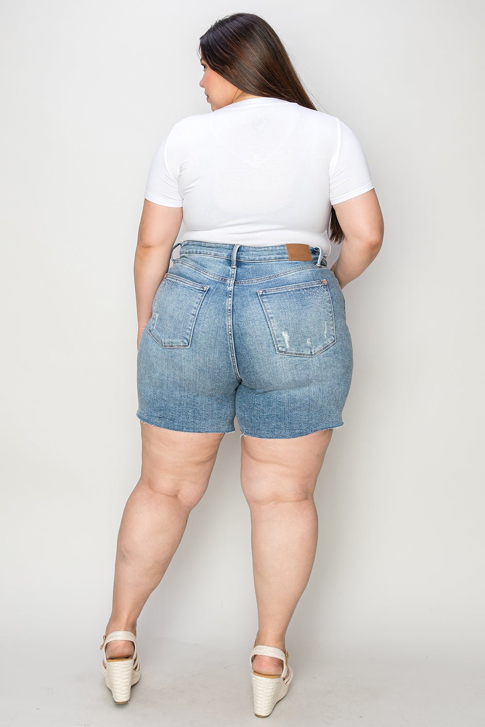 Judy Blue Full Size High Waist Rhinestone Decor Denim Shorts - Too Dimes Boutique