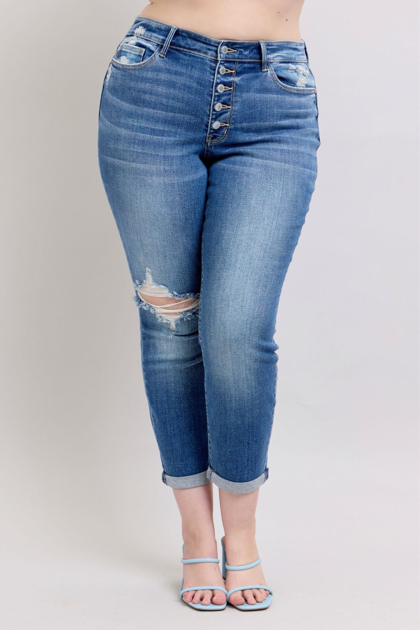 Judy Blue Full Size Button Fly Distressed Jeans with Pockets Plus Size - Too Dimes Boutique