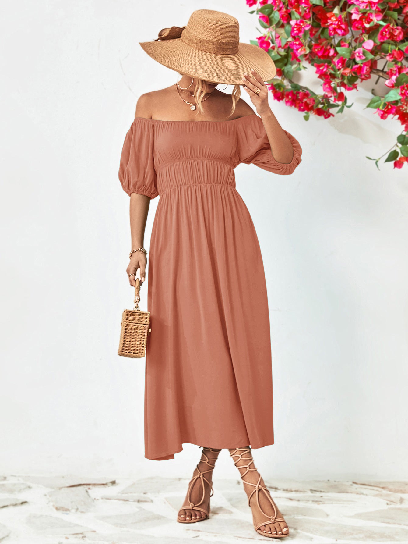 Off - Shoulder Balloon Sleeve Midi Dress - Too Dimes Boutique