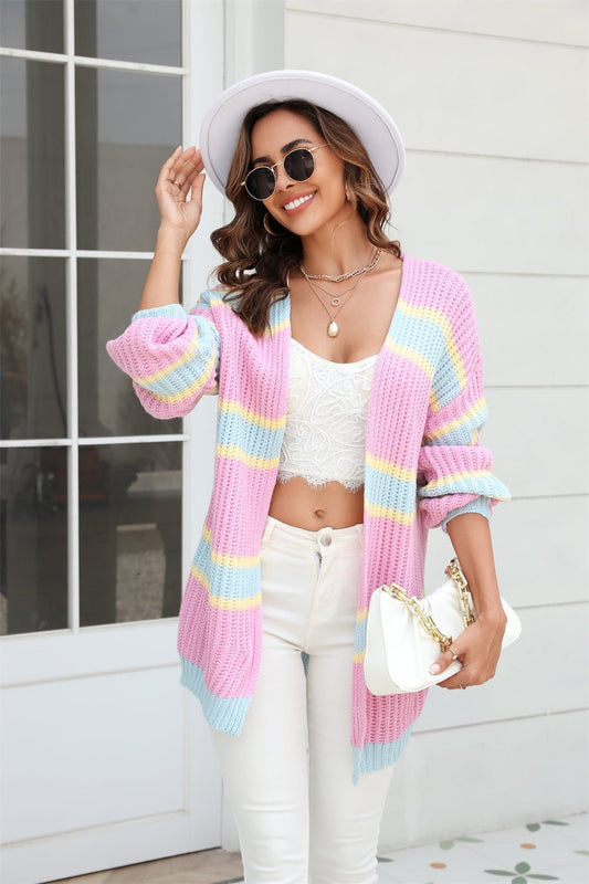 Angel Wings Color Block Ribbed Dropped Shoulder Open Front Cardigan - Too Dimes Boutique