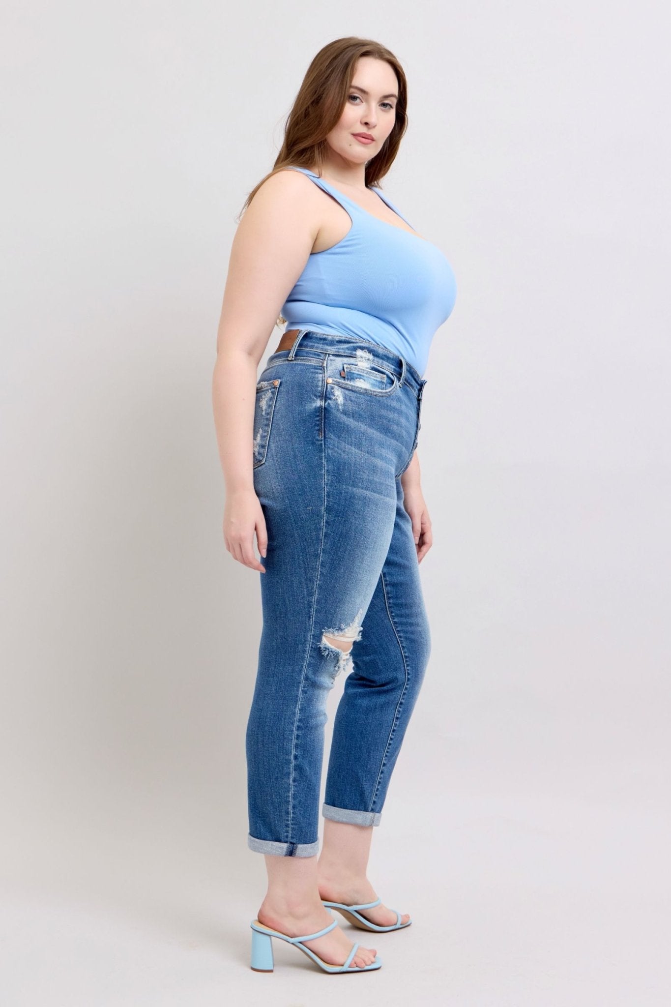 Judy Blue Full Size Button Fly Distressed Jeans with Pockets Plus Size - Too Dimes Boutique