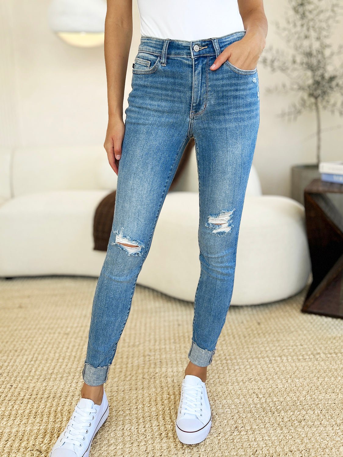 Judy Blue Full Size Mid Rise Destroy & Cuff Skinny Jeans - Too Dimes Boutique