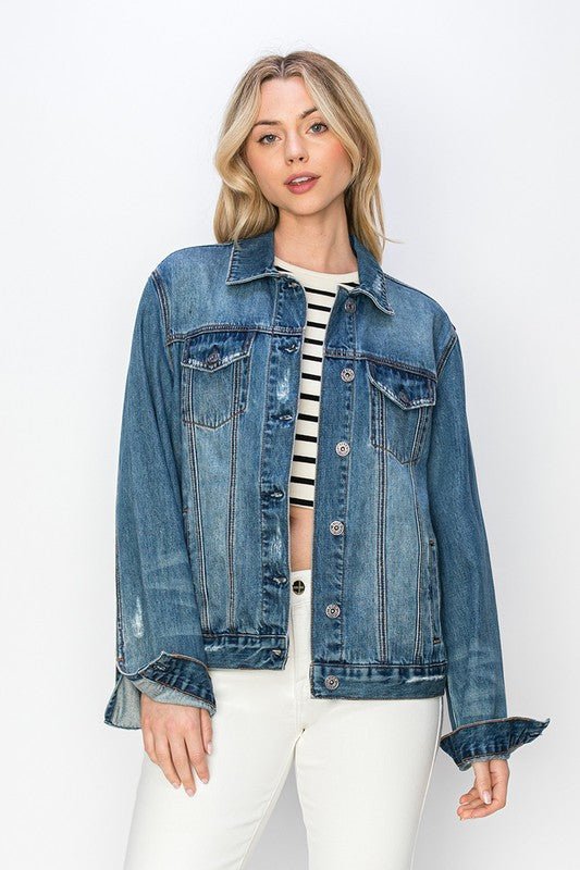 RISEN Full Size Distressed Button Up Jacket - Too Dimes Boutique