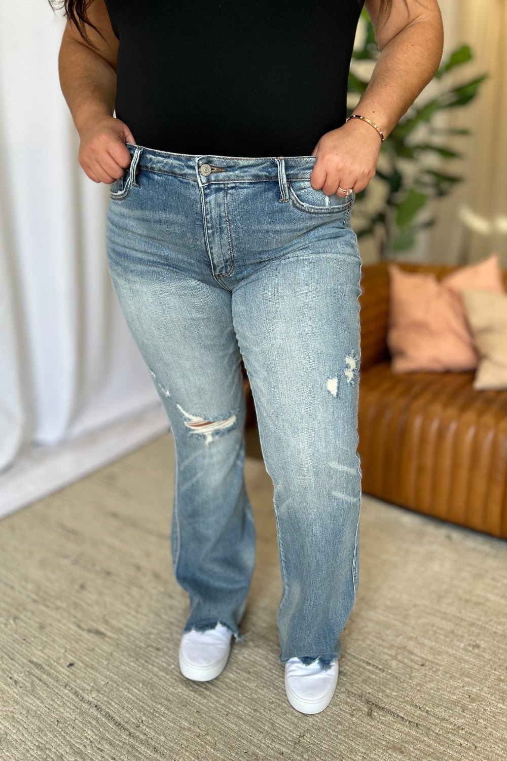 Judy Blue Full Size Medium Rise Tummy Control Destroy Flare - Too Dimes Boutique