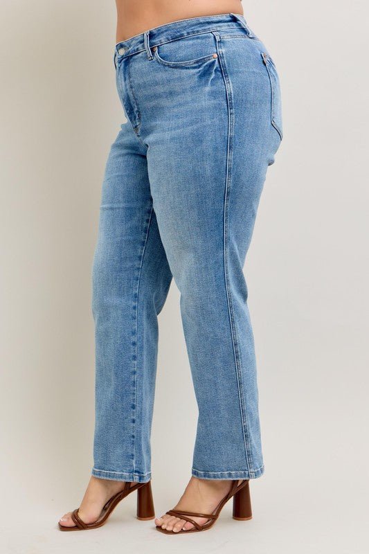 Judy Blue Full Size Tummy Control Vintage Wash Straight Jeans Plus Size - Too Dimes Boutique