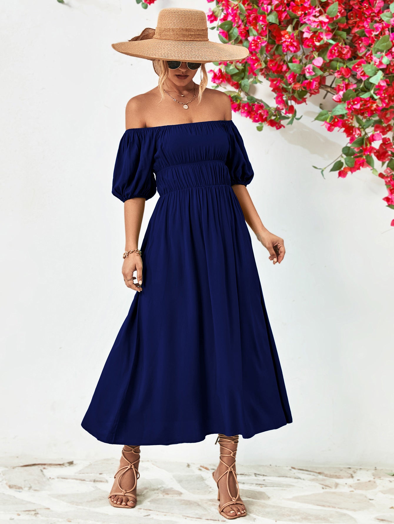 Off - Shoulder Balloon Sleeve Midi Dress - Too Dimes Boutique