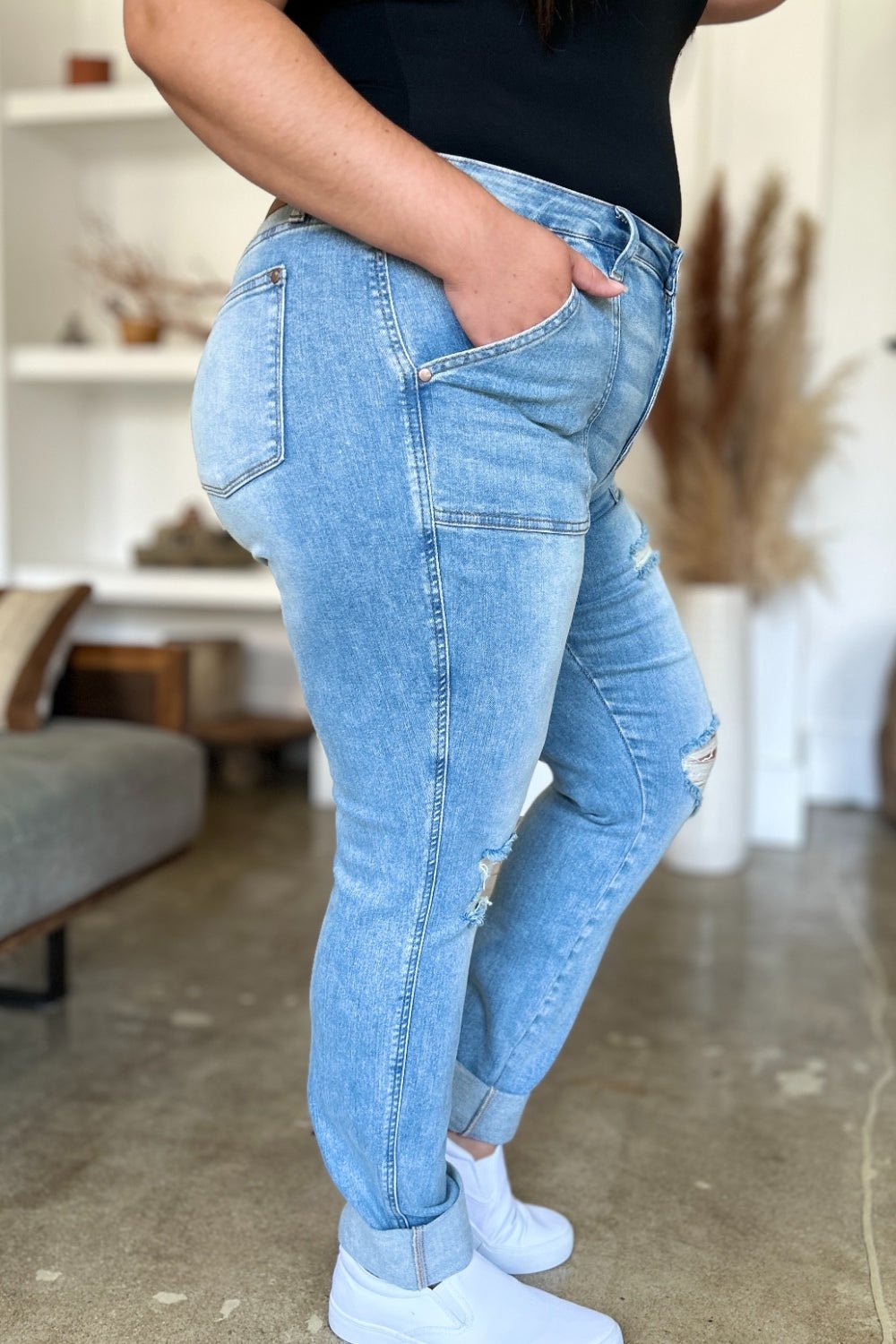 Judy Blue Full Size Distressed Straight Jeans with Patch Pockets - Too Dimes Boutique