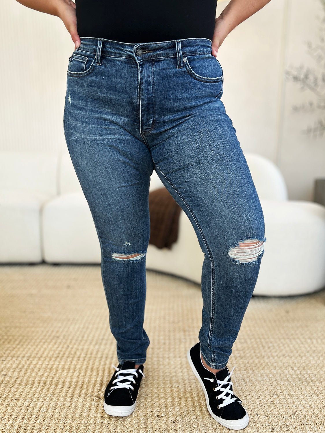 Judy Blue Full Size Mid Waist Distressed Slim Jeans - Too Dimes Boutique