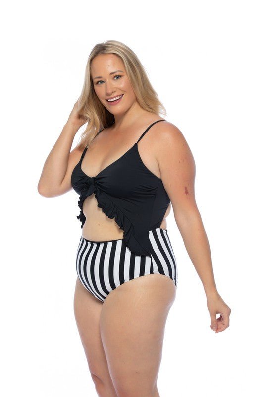 BLACK AND STRIPED CUTOUT ONE PIECE SWIMSUIT - Too Dimes Boutique
