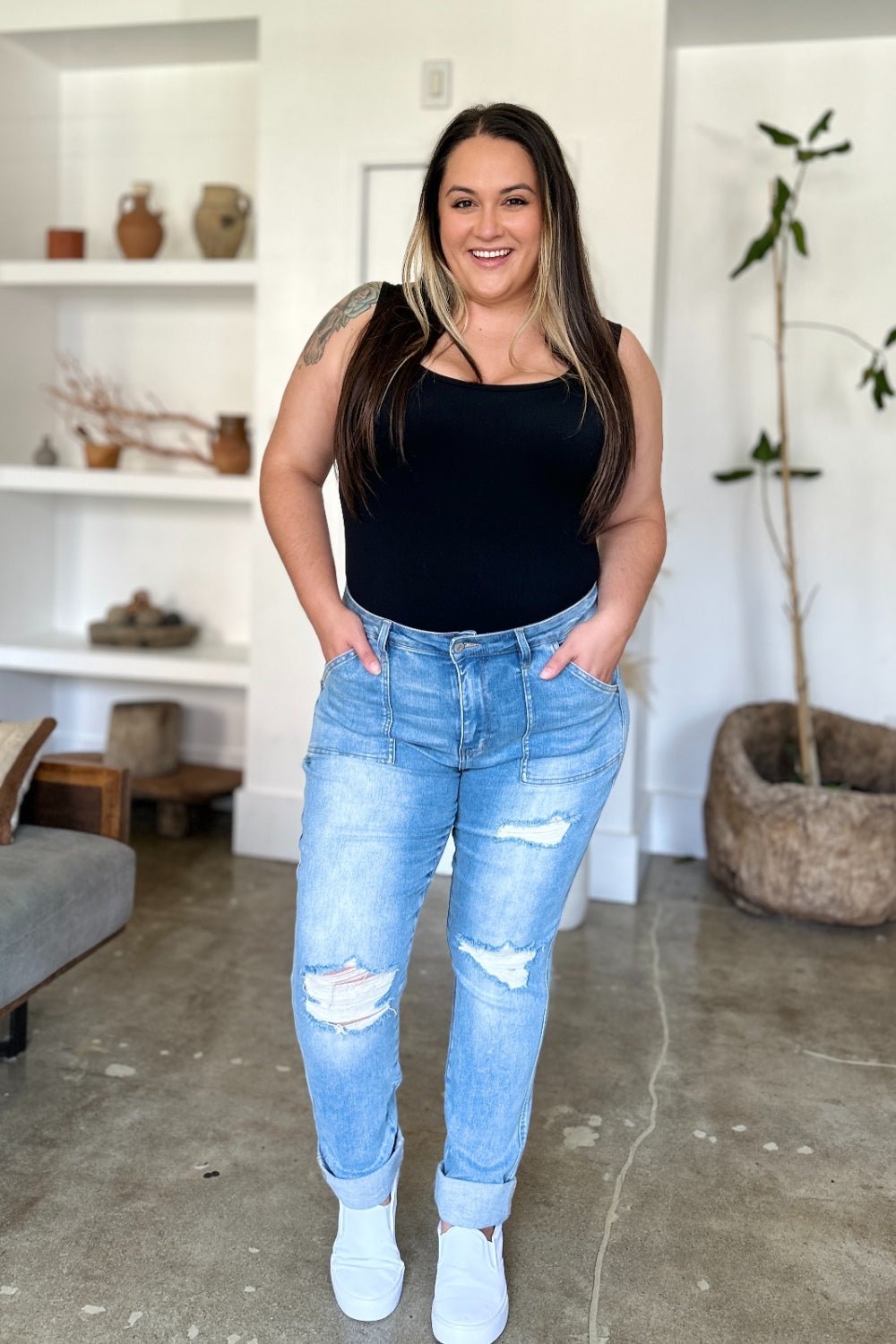 Judy Blue Full Size Distressed Straight Jeans with Patch Pockets - Too Dimes Boutique