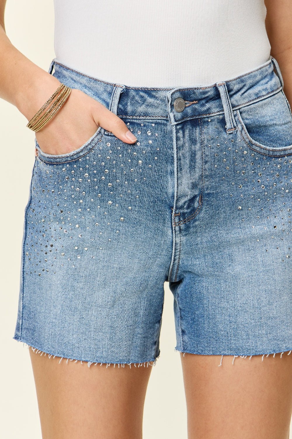 Judy Blue Full Size High Waist Rhinestone Decor Denim Shorts - Too Dimes Boutique
