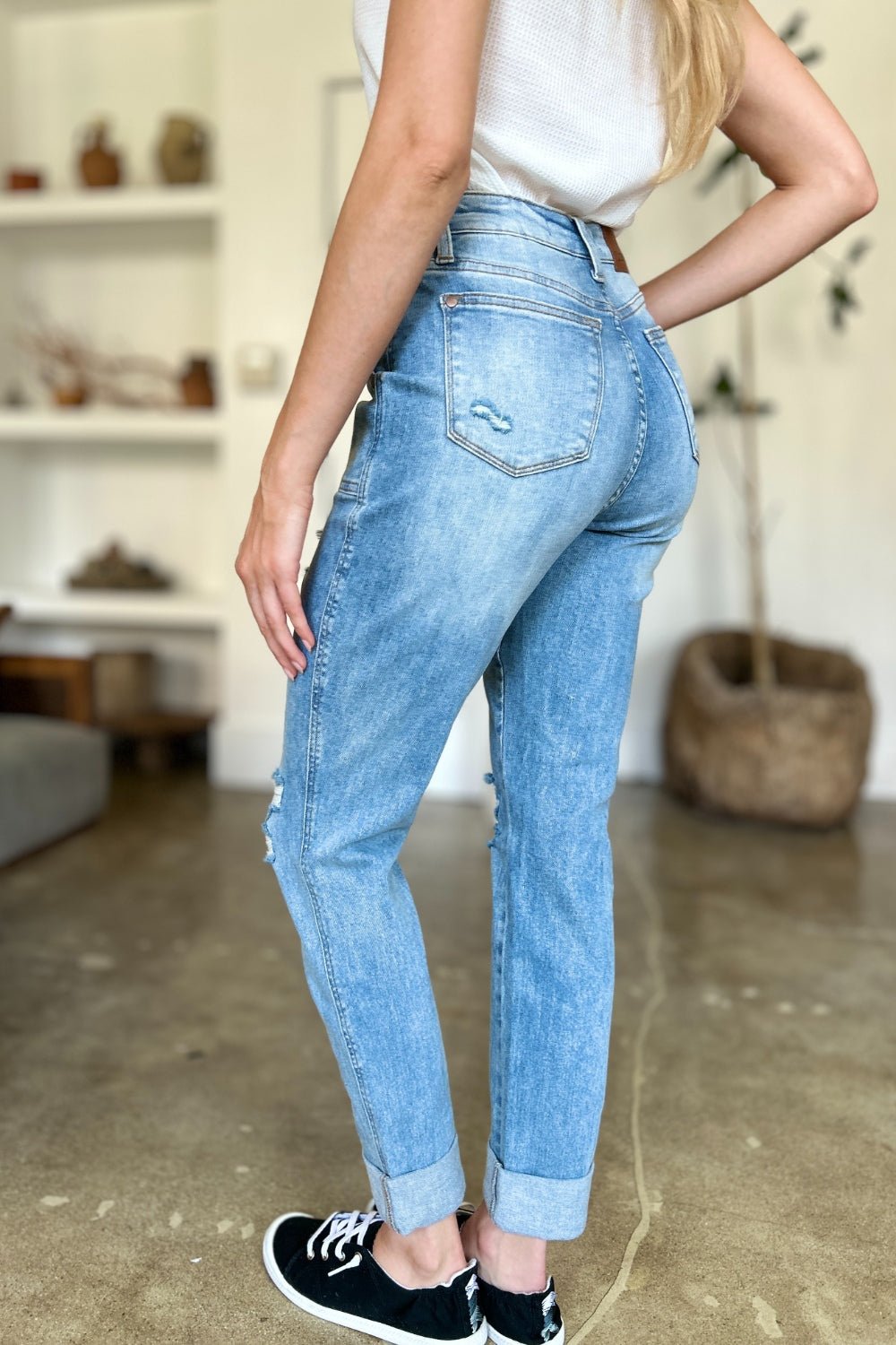 Judy Blue Full Size Distressed Straight Jeans with Patch Pockets - Too Dimes Boutique