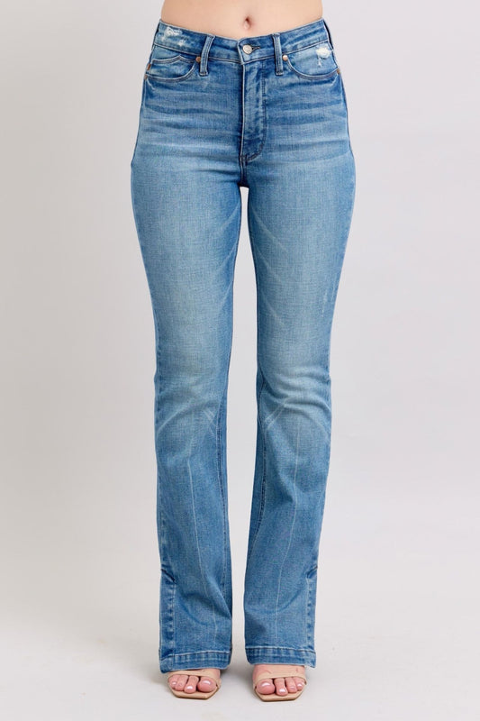 Judy Blue HW Tummy Control Vintage Wash Side Slit Slim Boot Jeans - Too Dimes Boutique