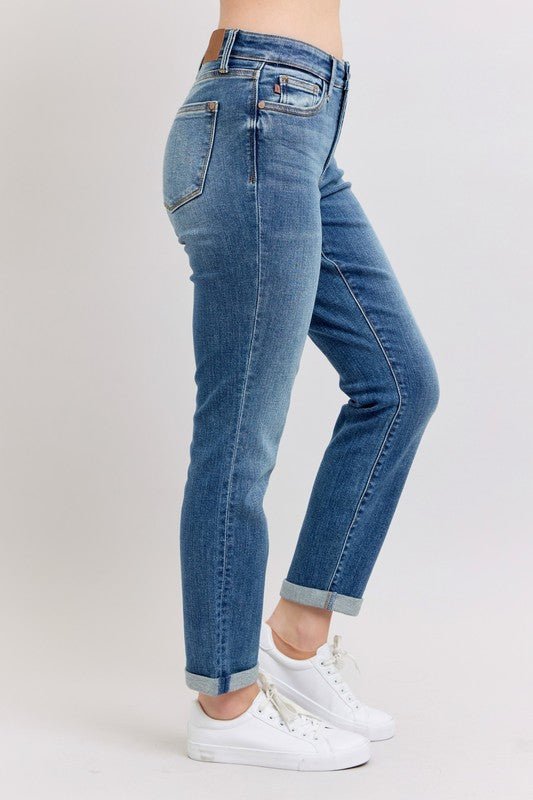 Judy Blue Full Size Mid Rise Skinny Cuff Jeans with Pockets Plus Size - Too Dimes Boutique