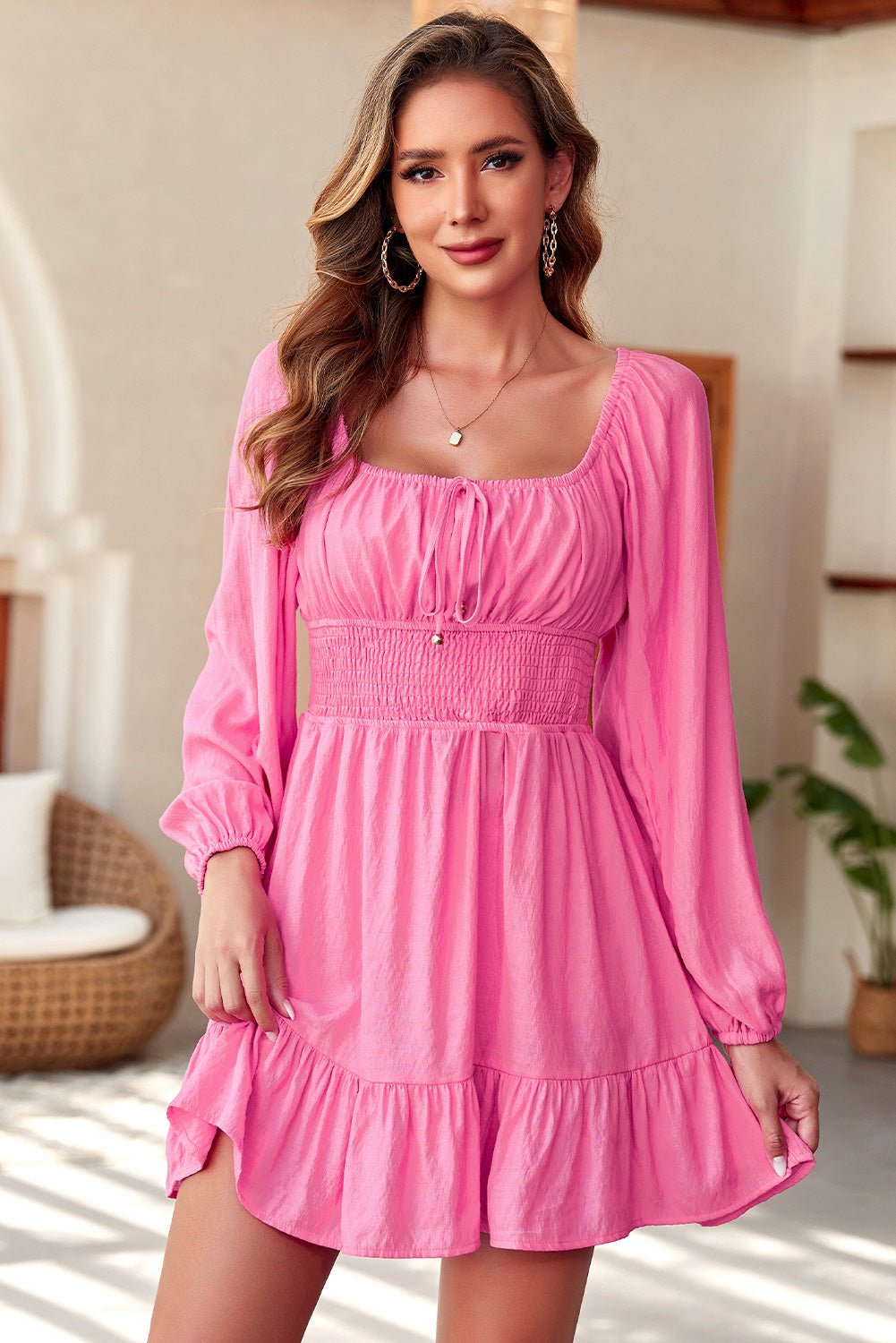 Smocked Balloon Sleeve Off - Shoulder Mini Dress - Too Dimes Boutique