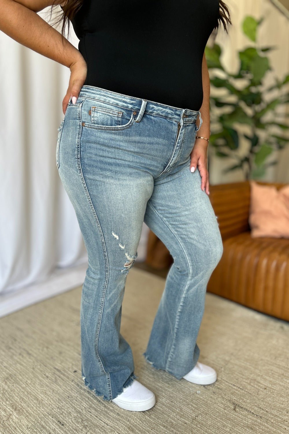 Judy Blue Full Size Medium Rise Tummy Control Destroy Flare - Too Dimes Boutique