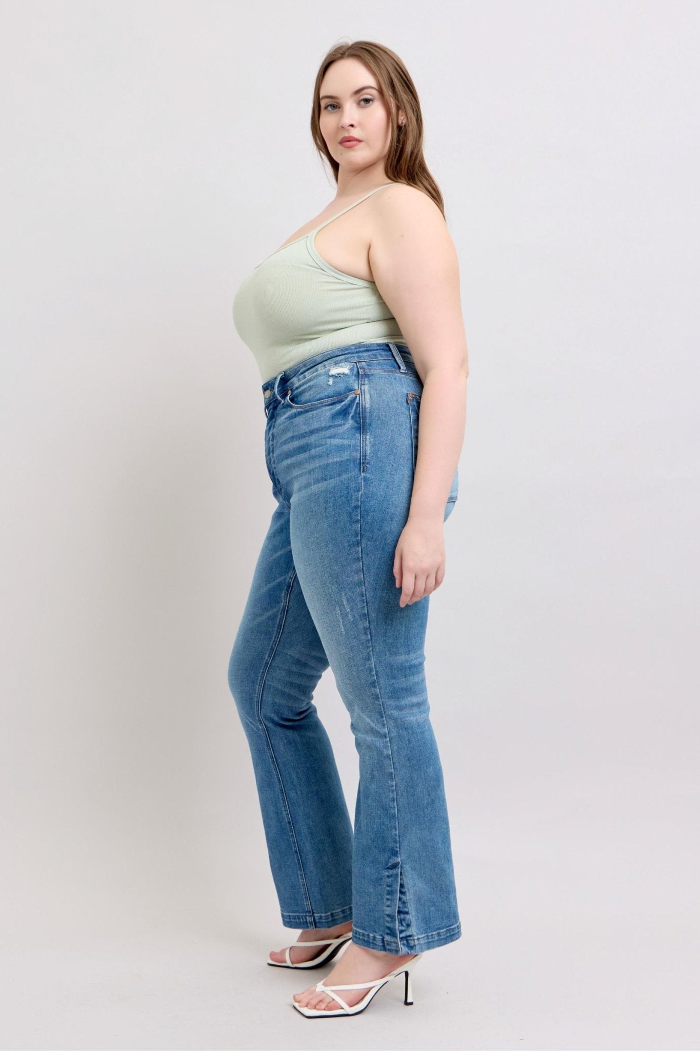 Judy Blue HW Tummy Control Vintage Wash Side Slit Slim Boot Jeans - Too Dimes Boutique